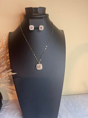 Gold-Plated Pink Cubic Zirconia Square Pendant Necklace & Stud Earrings Set